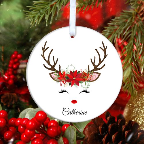 Floral Christmas Reindeer Personalized Name Metal Ornament