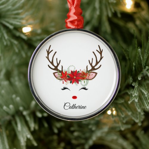 Floral Christmas Reindeer Personalized Name Metal Ornament
