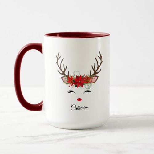 Floral Christmas Reindeer Personalized Name Mug