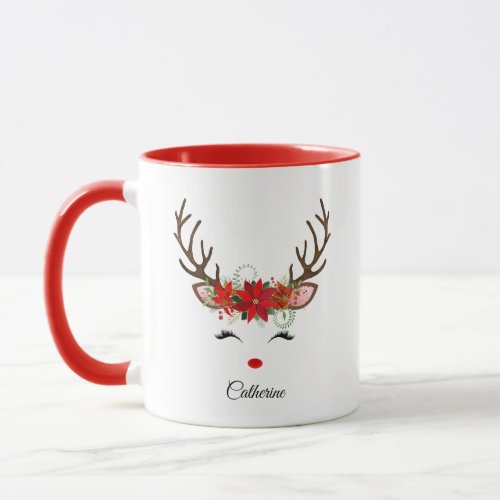 Floral Christmas Reindeer Personalized Name Mug