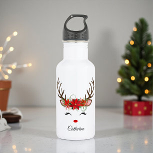 Floral Christmas Reindeer Personalized Name Stainless Steel Water Bottle