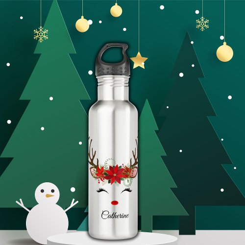 Floral Christmas Reindeer Personalized Name Stainless Steel Water Bottle