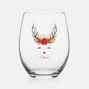 Floral Christmas Reindeer Personalized Name Stemless Wine Glass