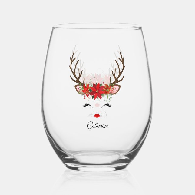 Floral Christmas Reindeer Personalized Name Stemless Wine Glass (Front)