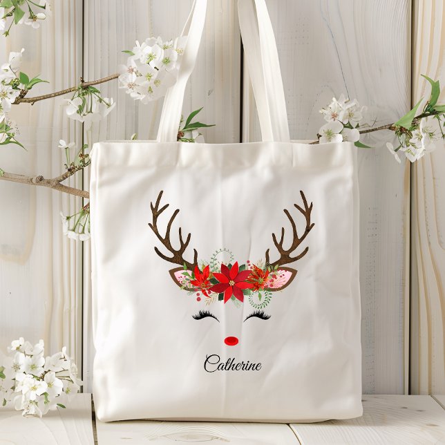 Floral Christmas Reindeer Personalized Name Tote Bag (Creator Uploaded)