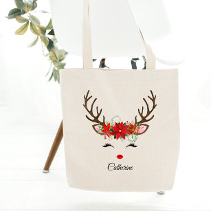 Floral Christmas Reindeer Personalized Name Tote Bag