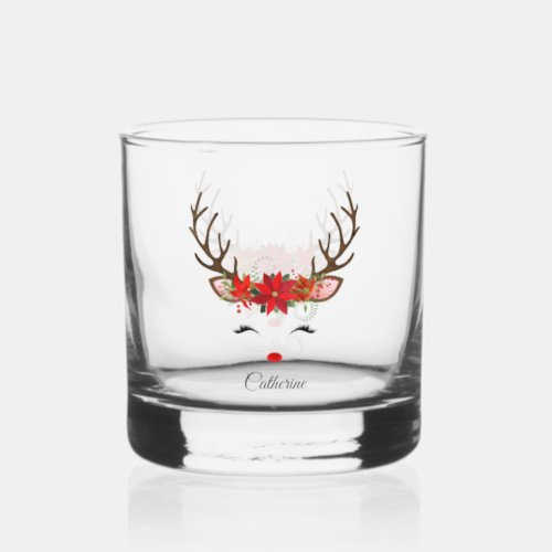 Floral Christmas Reindeer Personalized Name Whiskey Glass