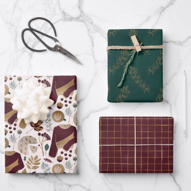 Floral Christmas Sweater Party Wrapping Paper Sheets (Front)