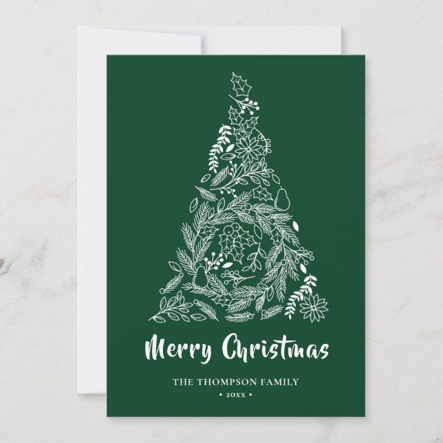 Floral Christmas Tree |Poinsettia Pine Bough Green Holiday Card (Front)