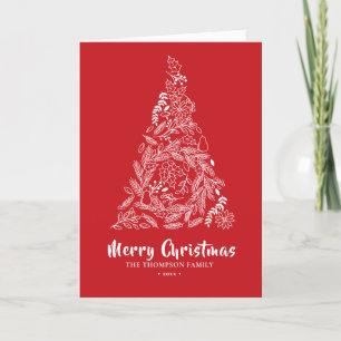 Floral Christmas Tree Poinsettia Pine Bough Red Holiday Card