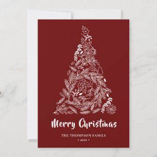 Floral Christmas Tree   Poinsettia Pine Bough Red Holiday Card