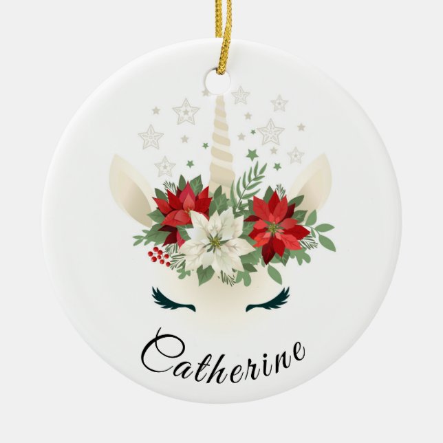 Floral Christmas Unicorn | Holidays Personalized Ceramic Ornament (Front)