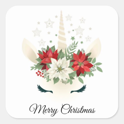 Floral Christmas Unicorn  Merry Christmas Square Sticker