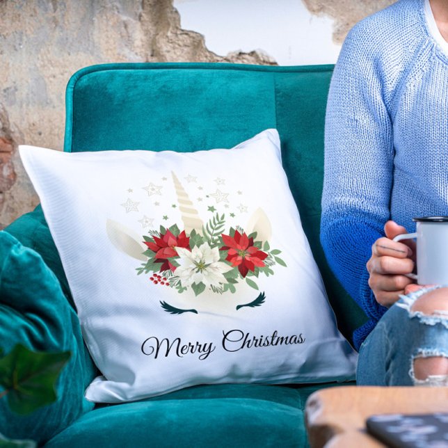 Floral Christmas Unicorn | Merry Christmas Throw Pillow (Creator Uploaded)