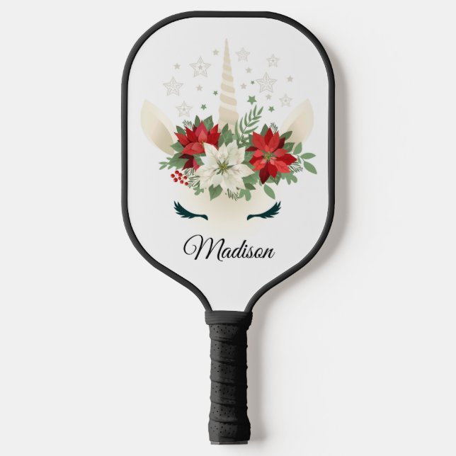 Floral Christmas Unicorn Personalized Name Pickleball Paddle (Front)