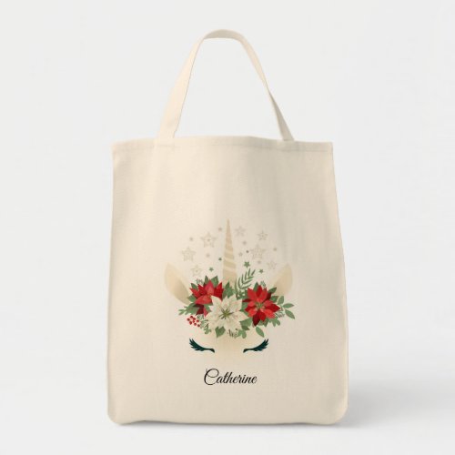 Floral Christmas Unicorn Personalized Name Tote Bag