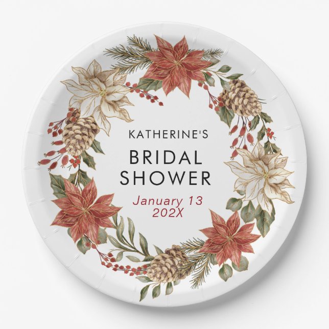 Floral Christmas Winter Bridal Shower  Paper Plates (Front)