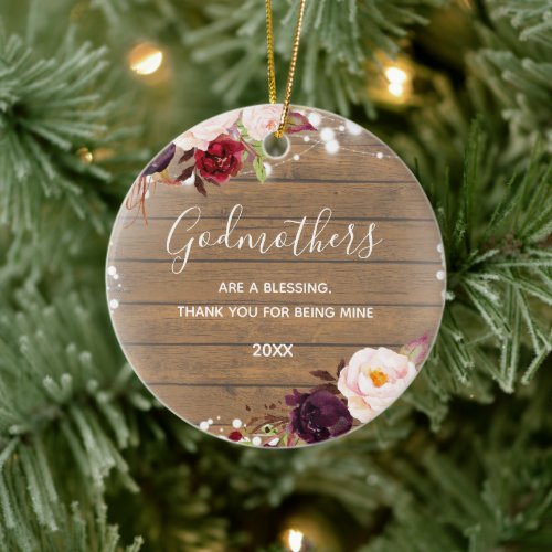 Floral Christmas Winter Wreath Godmothers Gold Ceramic Ornament