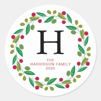 Floral Christmas Wreath Family Monogrammed Name Classic Round Sticker