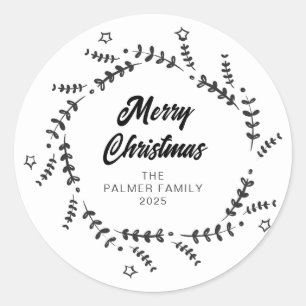 Floral Christmas Wreath Family Name Classic Round Sticker