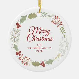 Floral Christmas Wreath Family Photo Ceramic Ornament