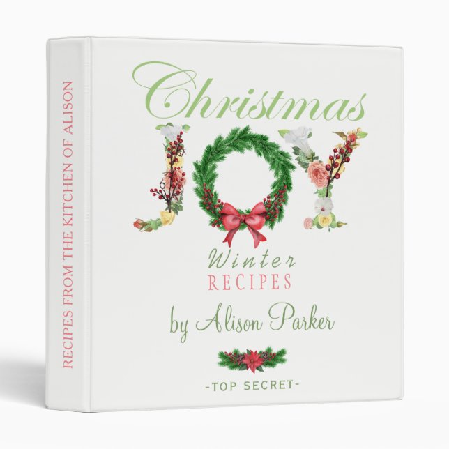 Floral Christmas wreath JOY script recipes book 3 Ring Binder (Front/Spine)