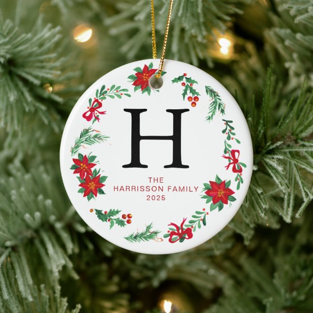 Floral Christmas Wreath Monogrammed Family Photo Ceramic Ornament (Tree)