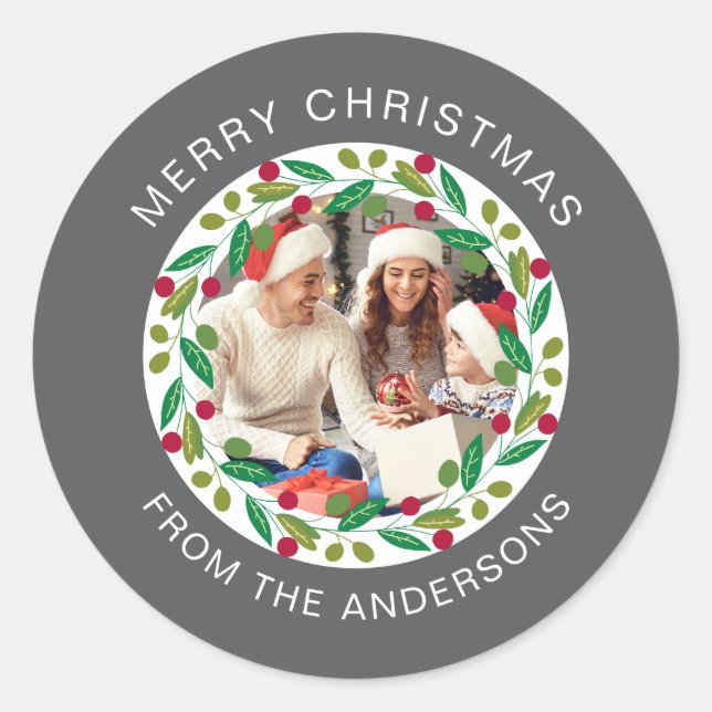 Floral Christmas Wreath Photo Family Name Classic Round Sticker (Front)