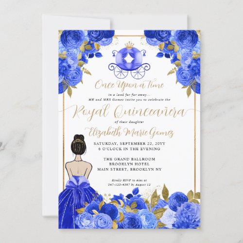 Floral Cinderella Princess Royal Blue Quinceanera Invitation
