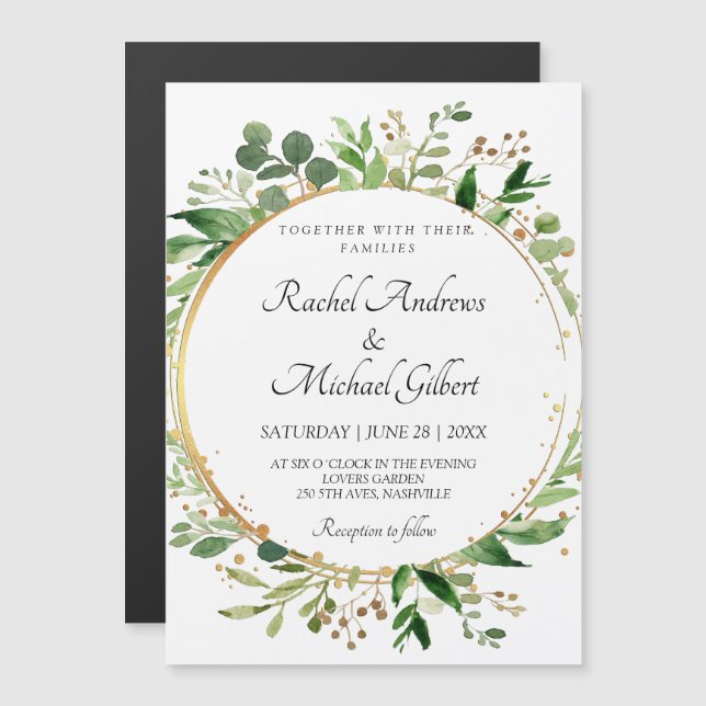 Floral Circle Green Gold Magnetic Invitation (Front/Back)