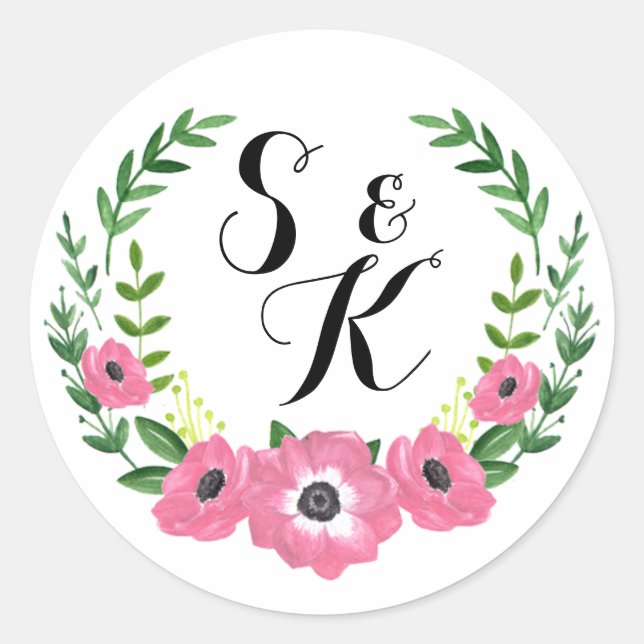 Floral circle monogram sticker wedding favors (Front)