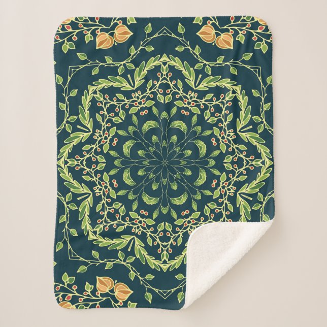 Floral circle pattern with flowers,branches,leaves sherpa blanket (Front)