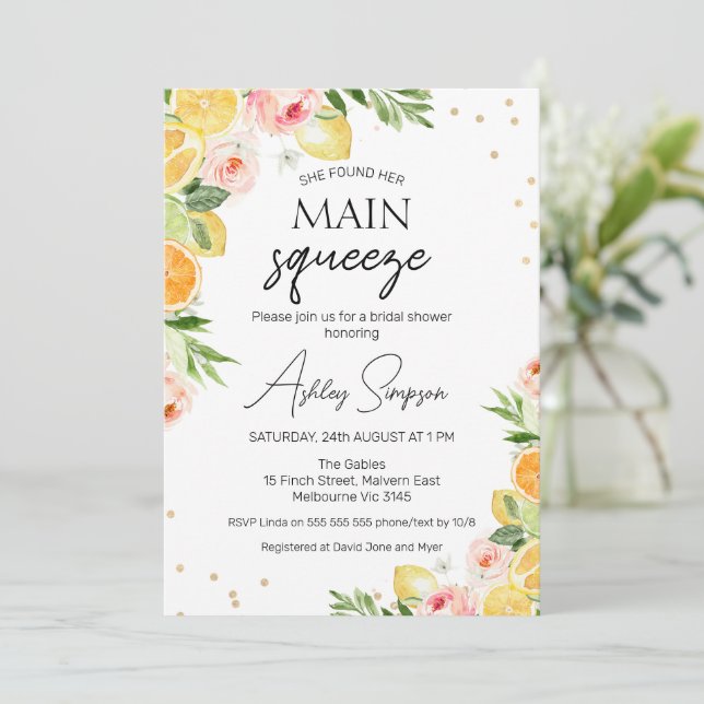 Floral Citrus Found Main Squeeze Bridal Shower  Invitation (Standing Front)