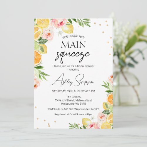 Floral Citrus Found Main Squeeze Bridal Shower  Invitation