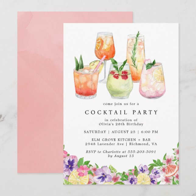 Floral Citrus | Fun Summer Cocktail Party Birthday Invitation (Front/Back)