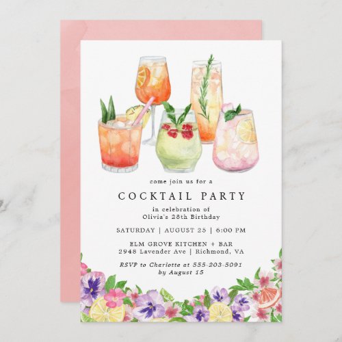 Floral Citrus  Fun Summer Cocktail Party Birthday Invitation