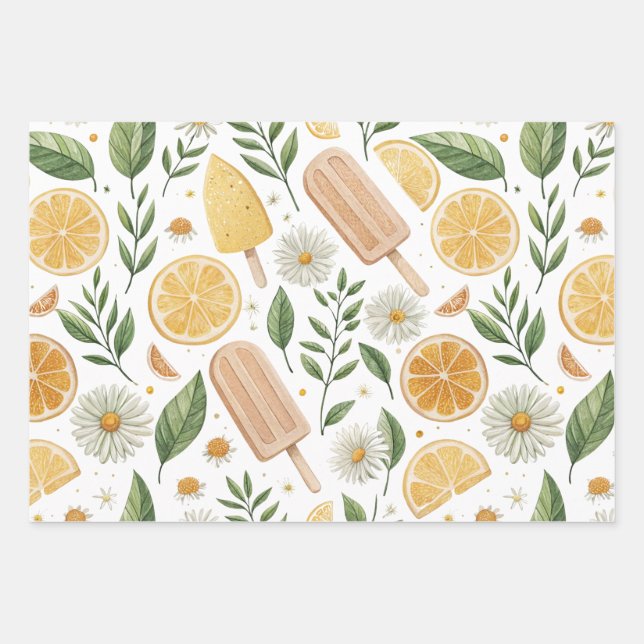 Floral Citrus Wrapping Paper – Set of 3 Flat Sheet (Front)