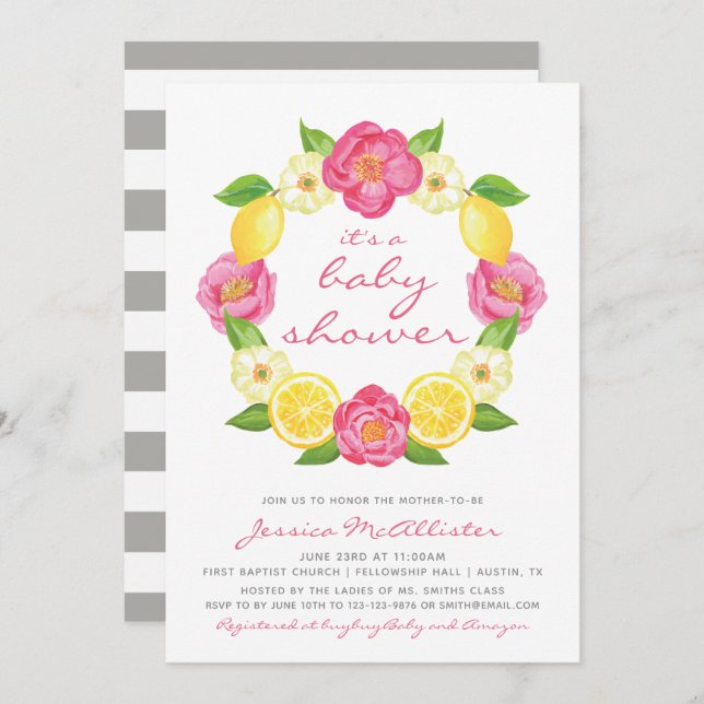 Floral Citrus Yellow Pink Rose Girl Baby Shower Invitation (Front/Back)