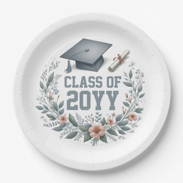 Floral Class of with Graduation Cap and Diploma Paper Plates (Front)