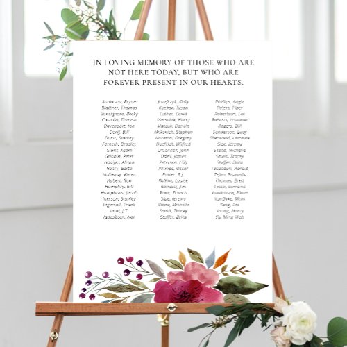 Floral Class Reunion Memorial Up to 70 Names Foam Board