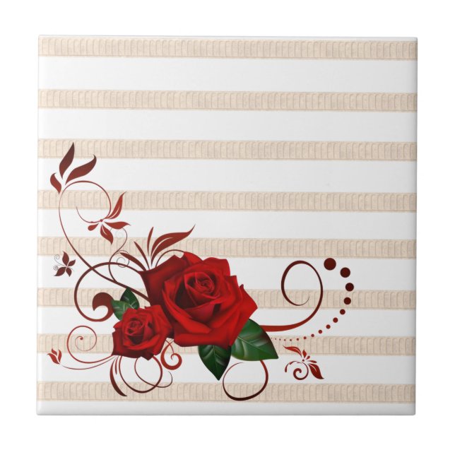 Floral Classic Red Rose Ceramic Tile Beige Stripe  (Front)