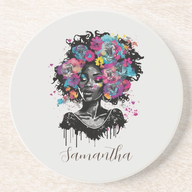 Floral Classy Afro Woman Coaster (Front)