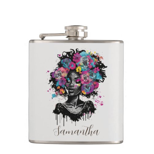 Floral Classy Afro Woman Flask