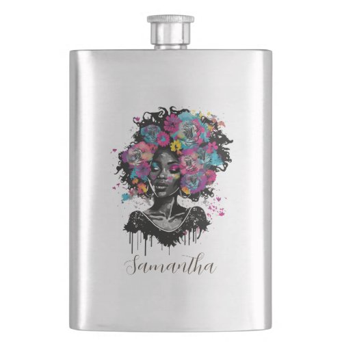 Floral Classy Afro Woman Flask