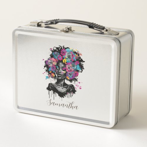 Floral Classy Afro Woman Metal Lunch Box