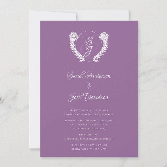 Floral Classy Monogram Lavender Wedding  Invitation (Front)
