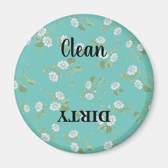 Floral Clean Dirty White Daisies Teal Dishwasher Magnet (Front)