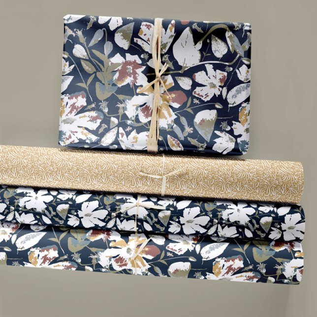 Floral Clematis Decoupage Wrapping Paper Sheets (Elegant Floral Trio Navy Rust Clematis Flowers Wrapping Paper Sheets by Studio Posies.)