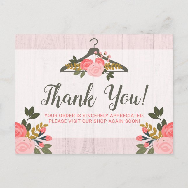 Floral Clothes Hanger Closet Boutique Thank You Postcard (Front)