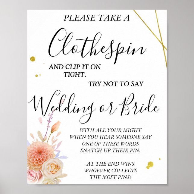 Floral Clothespin bridal shower game sign (Front)